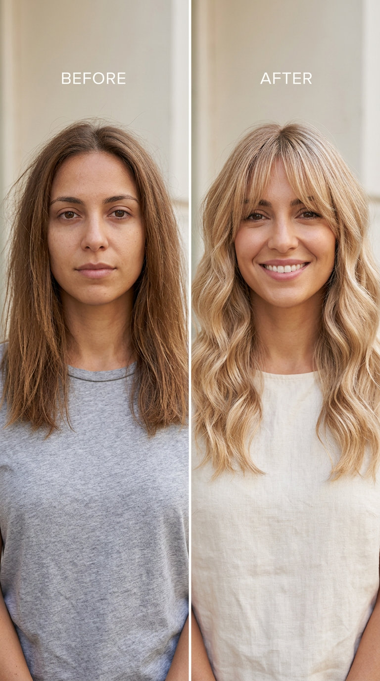 Wispy 'Soft Girl' Curtain Bangs with Layers 2024 A woman with wispy 'Soft Girl' curtain bangs and internal layers for a feminine, youthful look, ideal for brunch or casual outings. Styled using ceramic thermal rollers for a subtle bend and a leave-in conditioner for light moisture.
