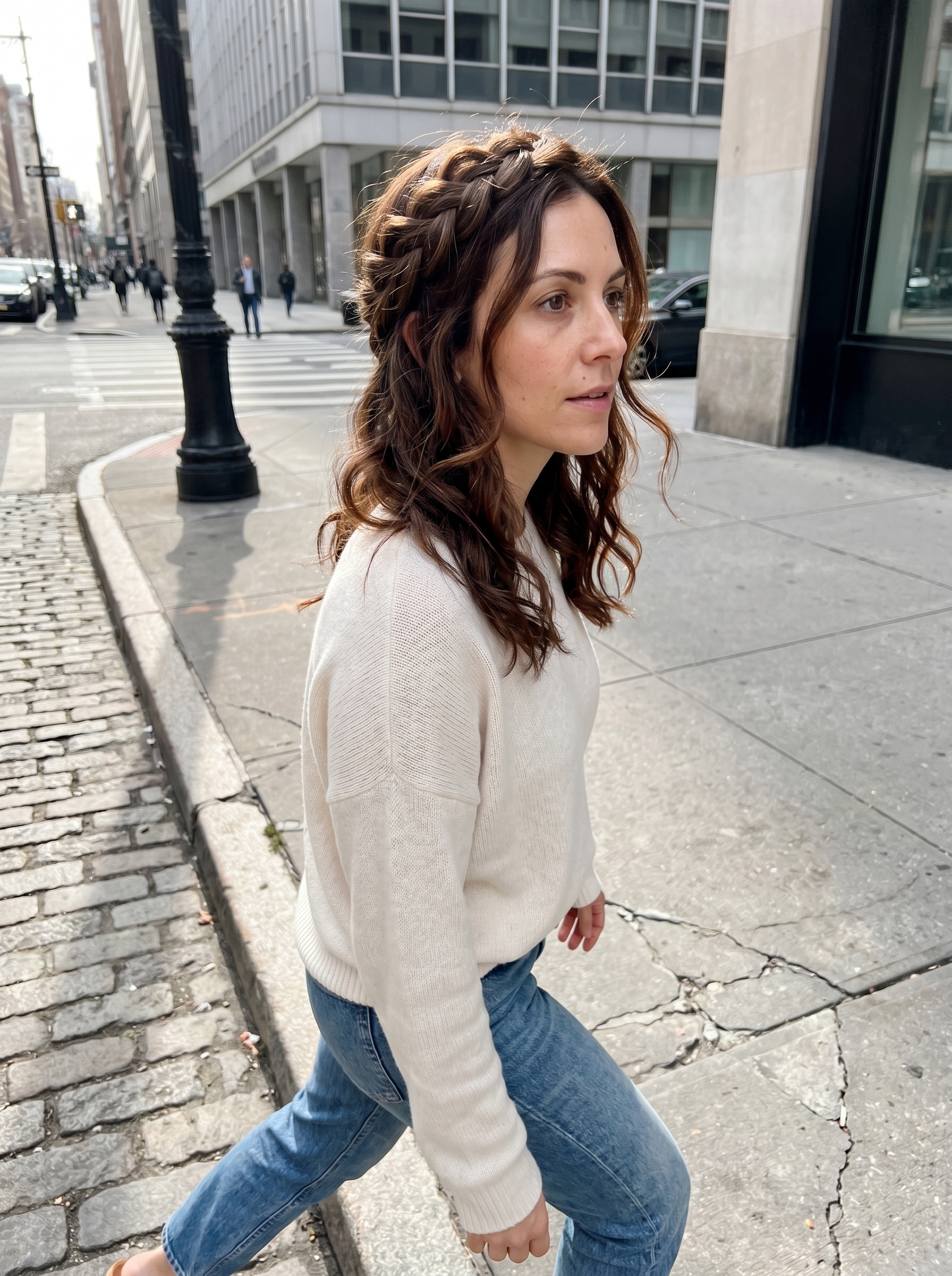 A close-up of a model showcasing a lived-in braided crown hairstyle, perfect for effortless summer hairstyles 2026. This romantic, bohemian look is ideal for a festival or outdoor wedding, styled with braiding cream and clear elastics.