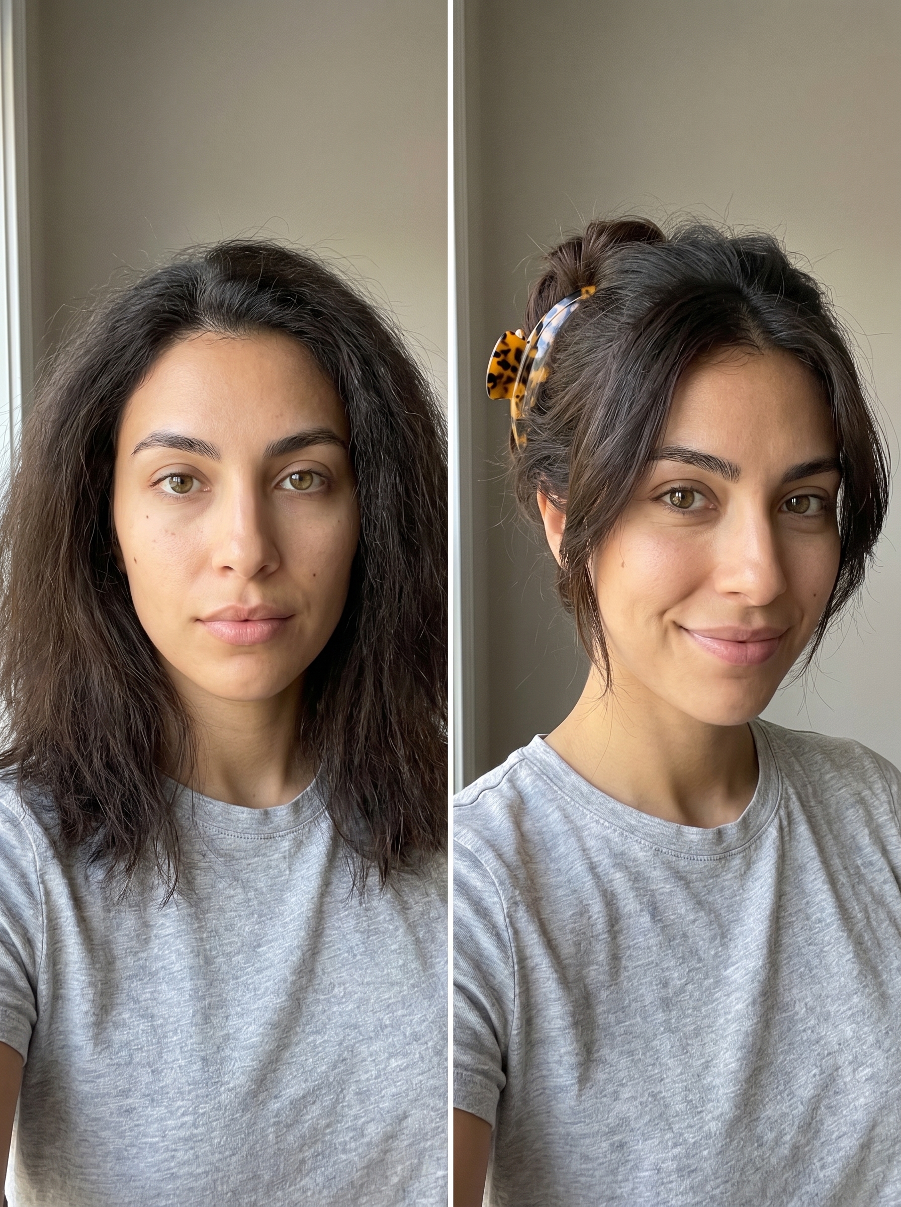 A youthful female model showcasing 'The Butterfly Claw Clip 2.0 Updo' in Any Hair Color, a playful option for effortless summer hairstyles 2026. This nostalgic and playful updo is secured with an oversized bio-acetate claw clip, perfect for brunch or casual outings.