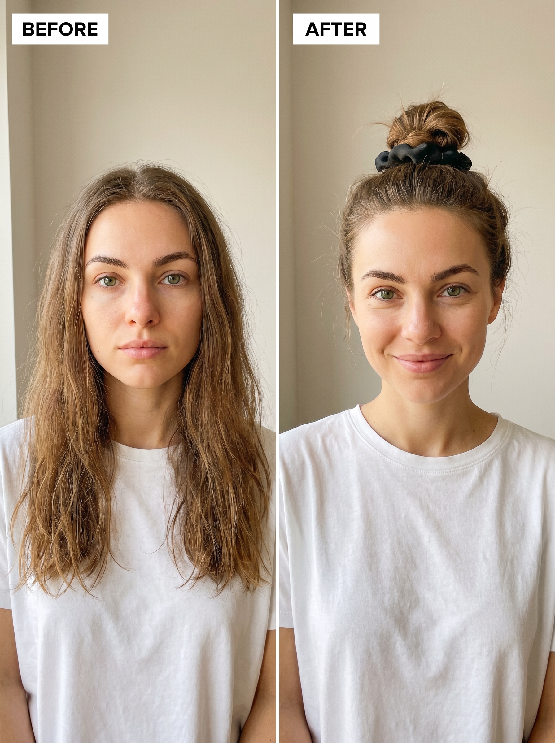 A 'Cool Girl' Half-Up Top Knot, a casual and trendy effortless summer hairstyle 2026. This style features hair partially pulled up into a knot secured with a small silk scrunchie, perfect for everyday casual outings or the gym, using dry shampoo and lightweight hair oil for a fresh look.