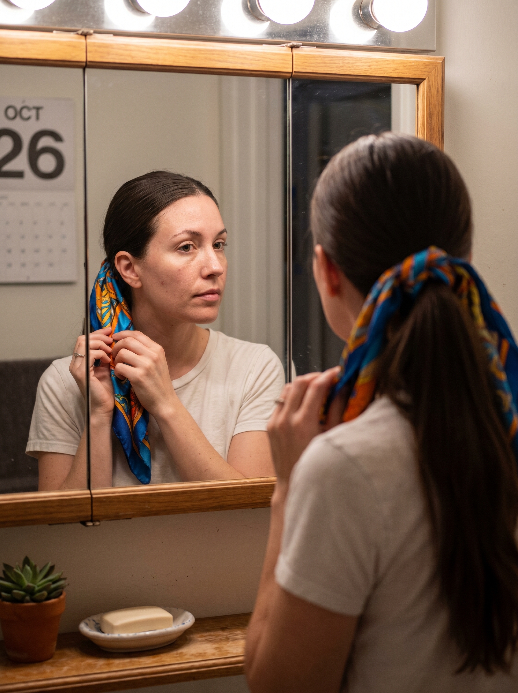 The Riviera Chic Silk-Wrapped Pony, an elegant and sophisticated effortless summer hairstyle 2026 featuring a ponytail adorned with a long patterned silk scarf. This refined look is perfect for date night, brunch, or resort wear, using anti-frizz serum and flexible hold hairspray.