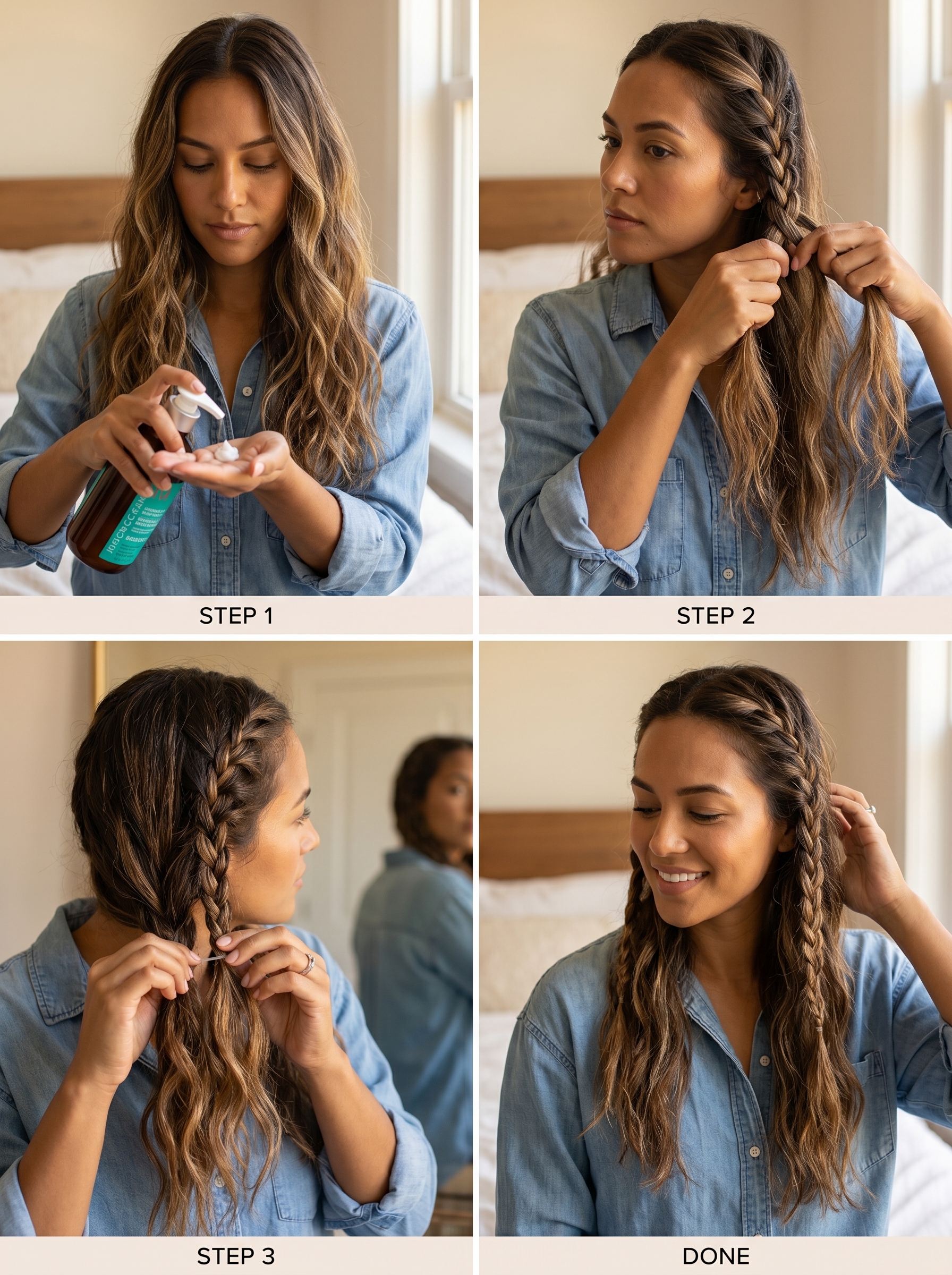 A bohemian yet polished 'Summer Scandi-Hitch Braids' hairstyle, showcasing natural hair braided and secured with bobby pins. This versatile effortless summer hairstyle 2026 can be worn everyday, to work, or the beach, utilizing anti-frizz styling cream and anti-humidity sealant for lasting hold.