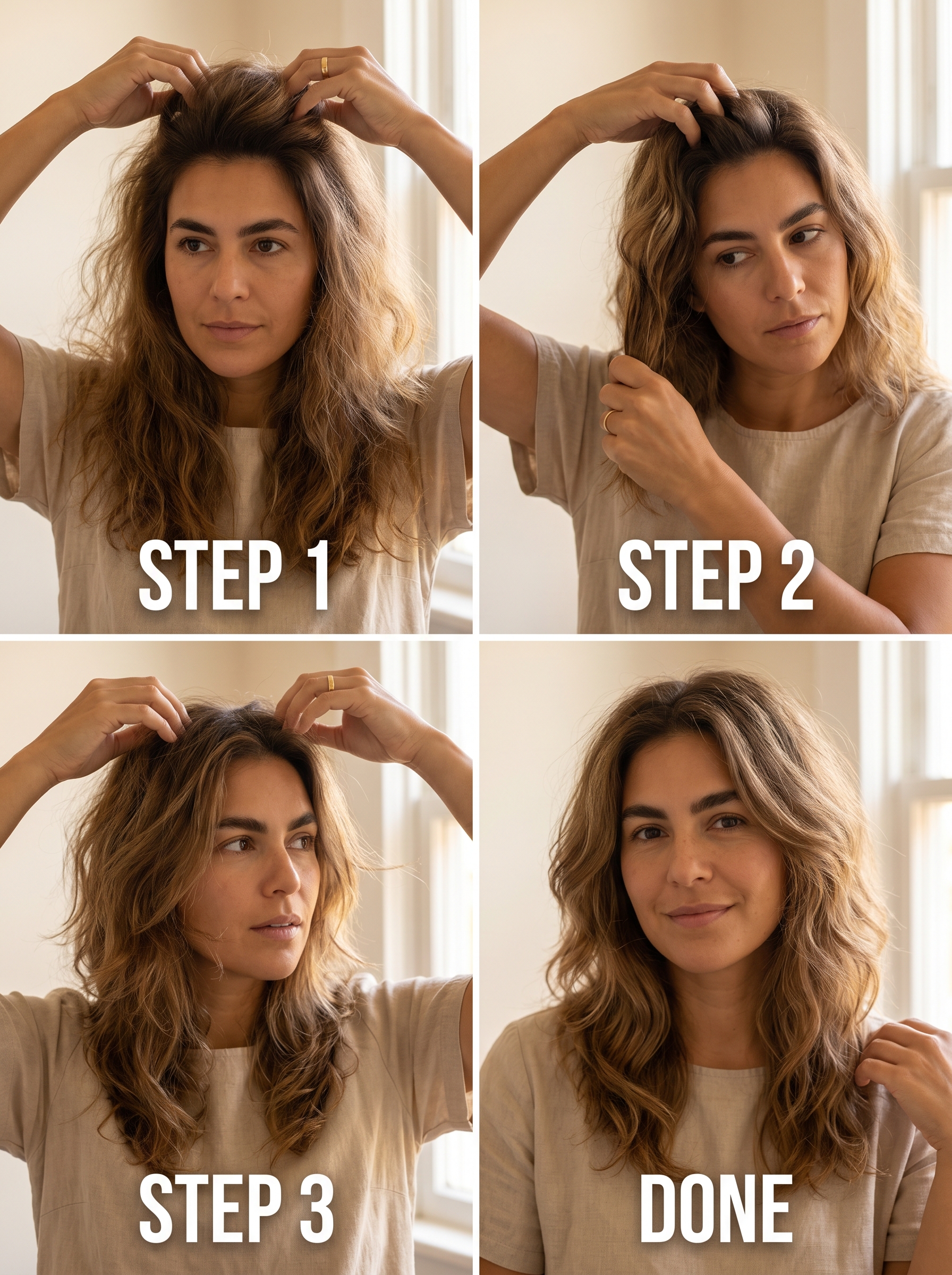 The Soft-Serve Shag with Air-Dry Movement, a bohemian and relaxed effortless summer hairstyle 2026. This natural hair look uses salt-free texturizing cream and dry texture foam to enhance waves, ideal for festivals or casual bohemian outings, with a microfiber towel for gentle drying.