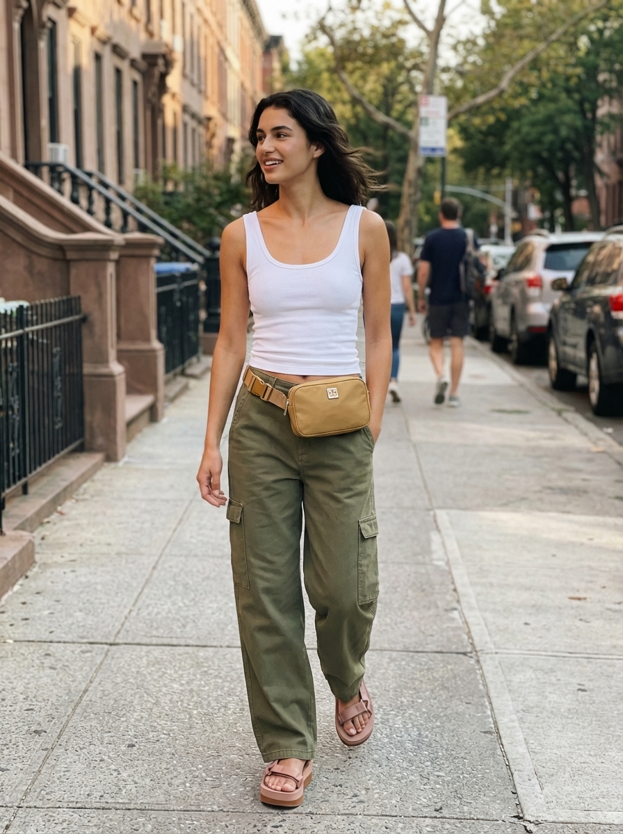 Trendy Backyard BBQ Family Picture Outfits Summer 2024 Trendy family picture outfits summer. Olive green wide-leg cargo pants, white ribbed tank top, tan sporty platform sandals, and a matching belt bag for a casual backyard BBQ.