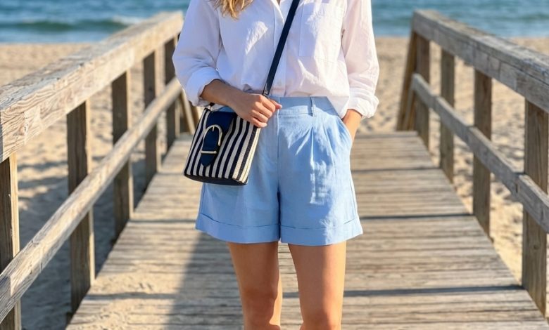 Relaxed family picture outfits summer. A woman in a crisp white oversized button-down shirt, sky blue tailored linen shorts, off-white espadrille flats, and a nautical stripe bag for a beach photoshoot.