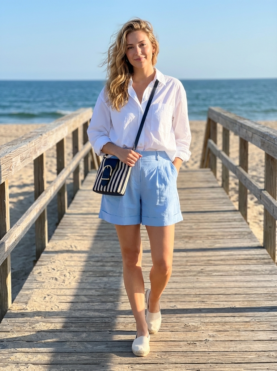 Relaxed Coastal Breeze Family Picture Outfits Summer 2024 Relaxed family picture outfits summer. A woman in a crisp white oversized button-down shirt, sky blue tailored linen shorts, off-white espadrille flats, and a nautical stripe bag for a beach photoshoot.