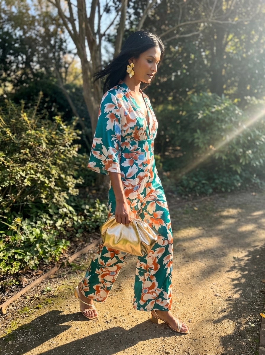 Elegant Garden Party Family Picture Outfits Summer 2024 Vibrant family picture outfits summer. Teal floral print wide-leg jumpsuit, gold heeled strappy sandals, metallic clutch, and statement drop earrings for a glam garden party.