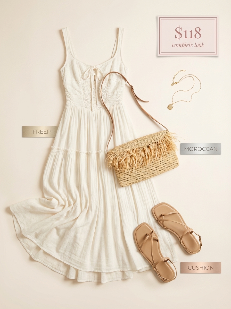 Serene Golden Hour Family Picture Outfits Summer 2024 Serene family picture outfits summer. Soft white crinkle cotton gauze tiered maxi dress, beige flat strappy sandals, raffia crossbody bag, and a delicate gold pendant necklace for a golden hour photoshoot.