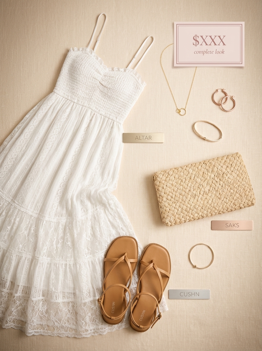 Ethereal Golden Hour Family Shoot Outfit 2024 Ethereal white tiered maxi dress with lace for golden hour family picture outfits summer, paired with tan strappy sandals and a straw clutch.