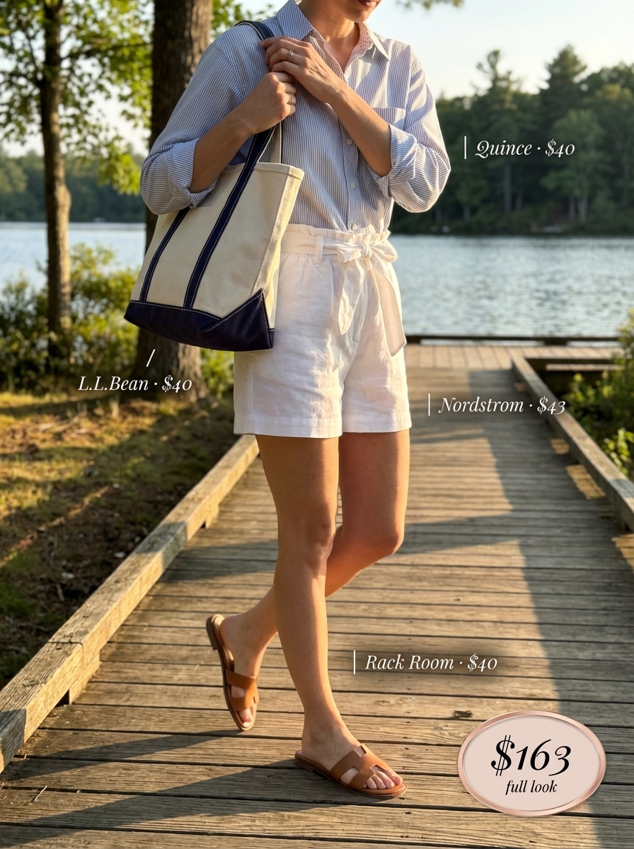 Casual Lake Day Family Outfit 2024 Relaxed family picture outfits summer with white linen shorts, a light blue oversized button-down, and flat sandals for a comfortable lake day.