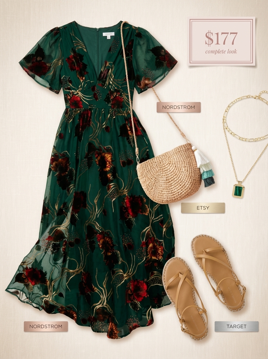 Boho Meadow Family Picture Outfits Summer 2024 Vibrant family picture outfits summer. Emerald green and rust floral print maxi dress, jute espadrille sandals, round straw crossbody bag, and layered gold necklaces for a bohemian meadow photoshoot.
