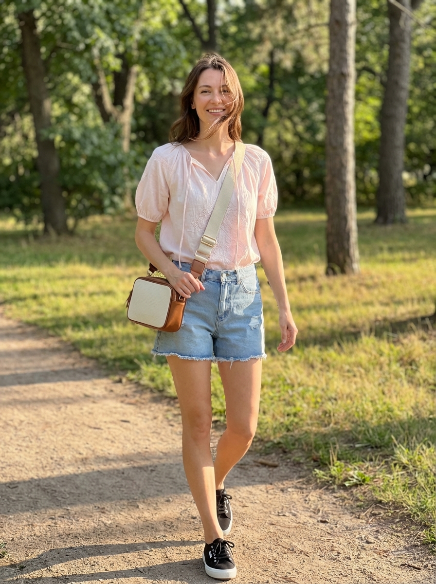 Playful Park Day Family Picture Outfits Summer 2024 Playful family picture outfits summer. A woman wears a blush pink embroidered peasant blouse, light wash distressed denim shorts, white canvas sneakers, and a canvas crossbody bag for a casual picnic.