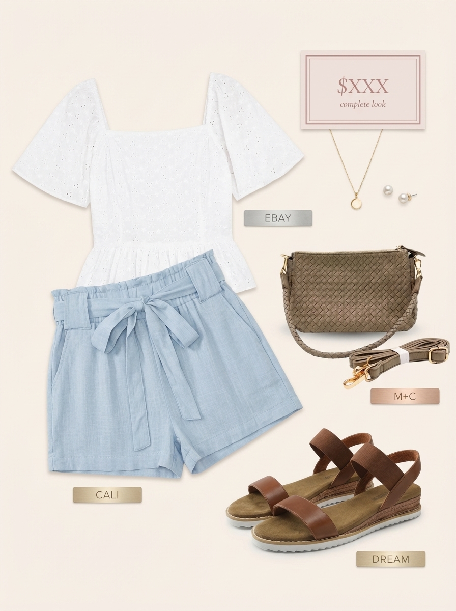 Charming Park Picnic Family Picture Outfits Summer 2024 Charming family picture outfits summer. A woman wears a white eyelet puff-sleeve blouse, sky blue paperbag linen shorts, tan espadrille sandals, and a straw cross-body bag for a casual park picnic.