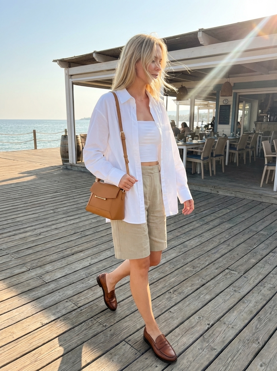 Polished Sunset Boardwalk Family Picture Outfits Summer 2024 Polished family picture outfits summer. Crisp white oversized button-down shirt, khaki tailored linen Bermuda shorts, dark brown leather loafers, and a tan structured crossbody bag for a boardwalk adventure.