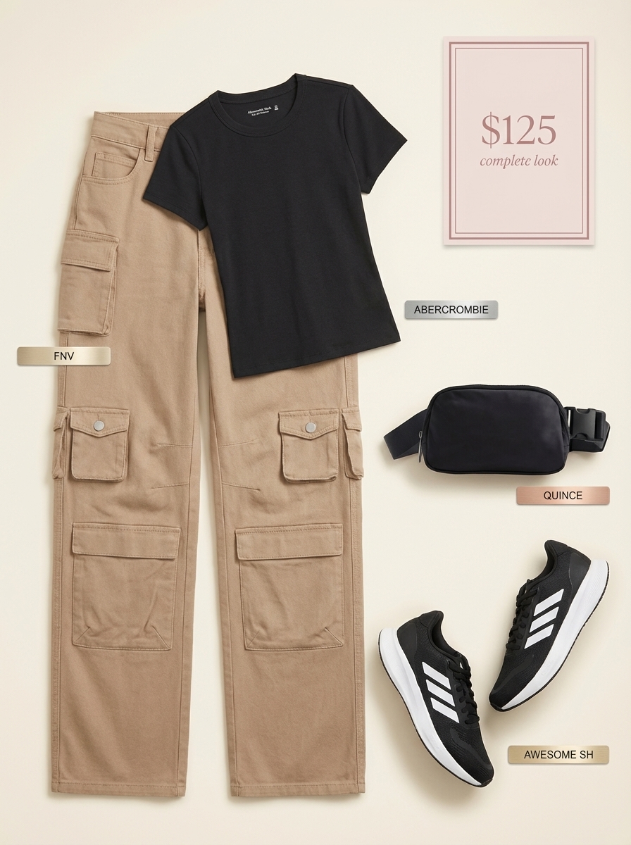 Modern Urban Explorer Family Picture Outfits Summer 2024 Modern family picture outfits summer. Khaki high-waisted cargo pants, black fitted crew neck t-shirt, black and white athletic sneakers, and a black belt bag for an urban exploration day.