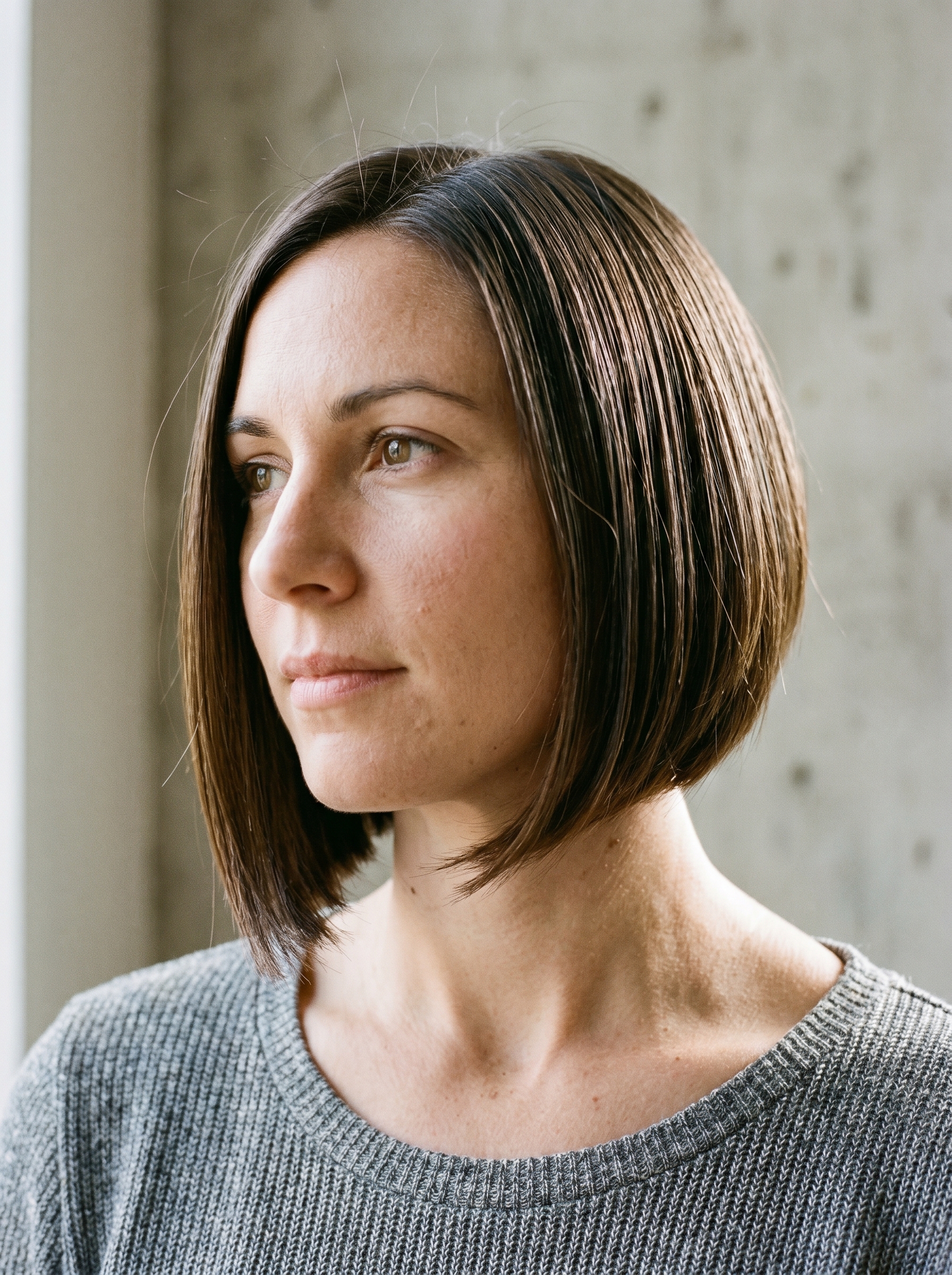 A sleek, edy Cyber-Sleek Hydro-Bob, a modern flattering summer haircut 2026. The hair, in Midnight Oil, features a wet-look finish achieved with high-shine glossing gel and precise styling with a fine-tooth comb.