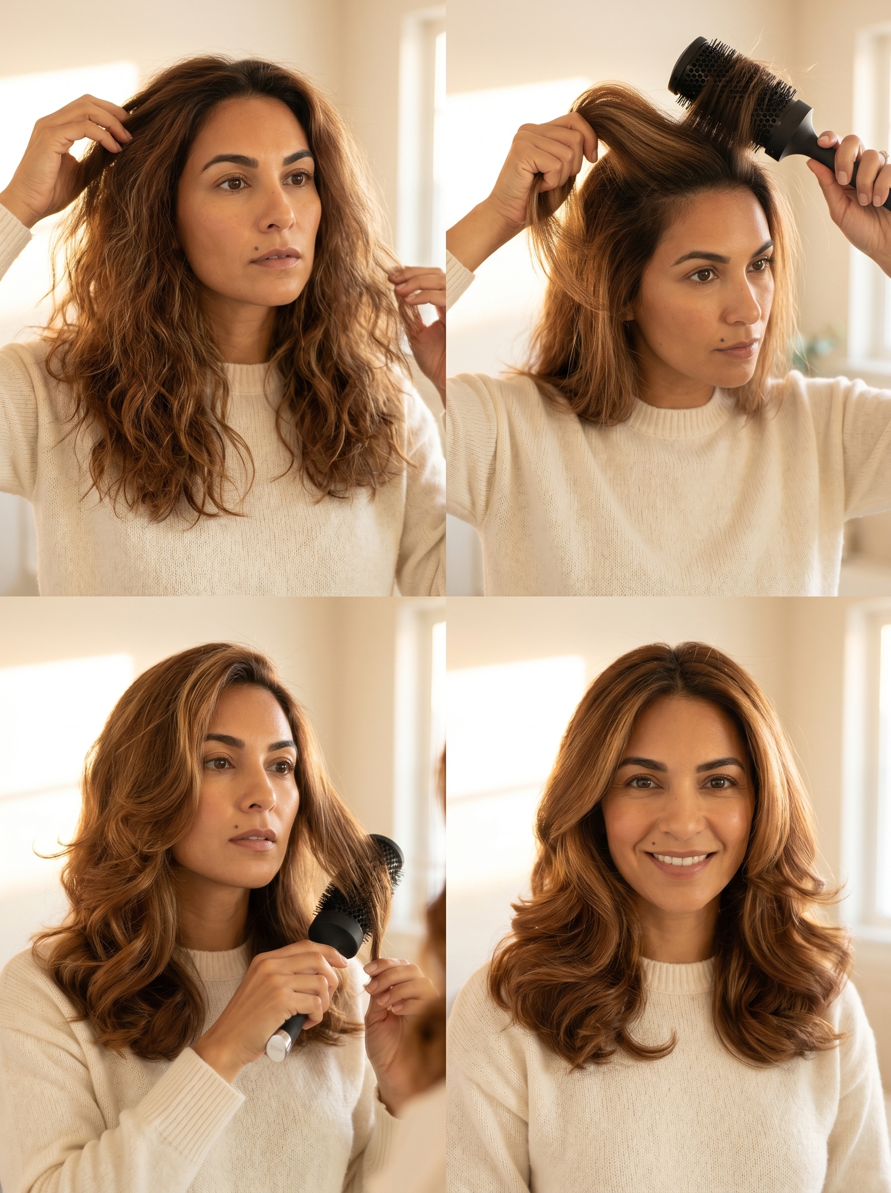 A glamorous Mediterranean Retro Midi-Flick, a sophisticated flattering summer haircut 2026. This voluminous style in Nectar Blonde uses a large barrel round brush, volumizing heat protectant, and large Velcro rollers.