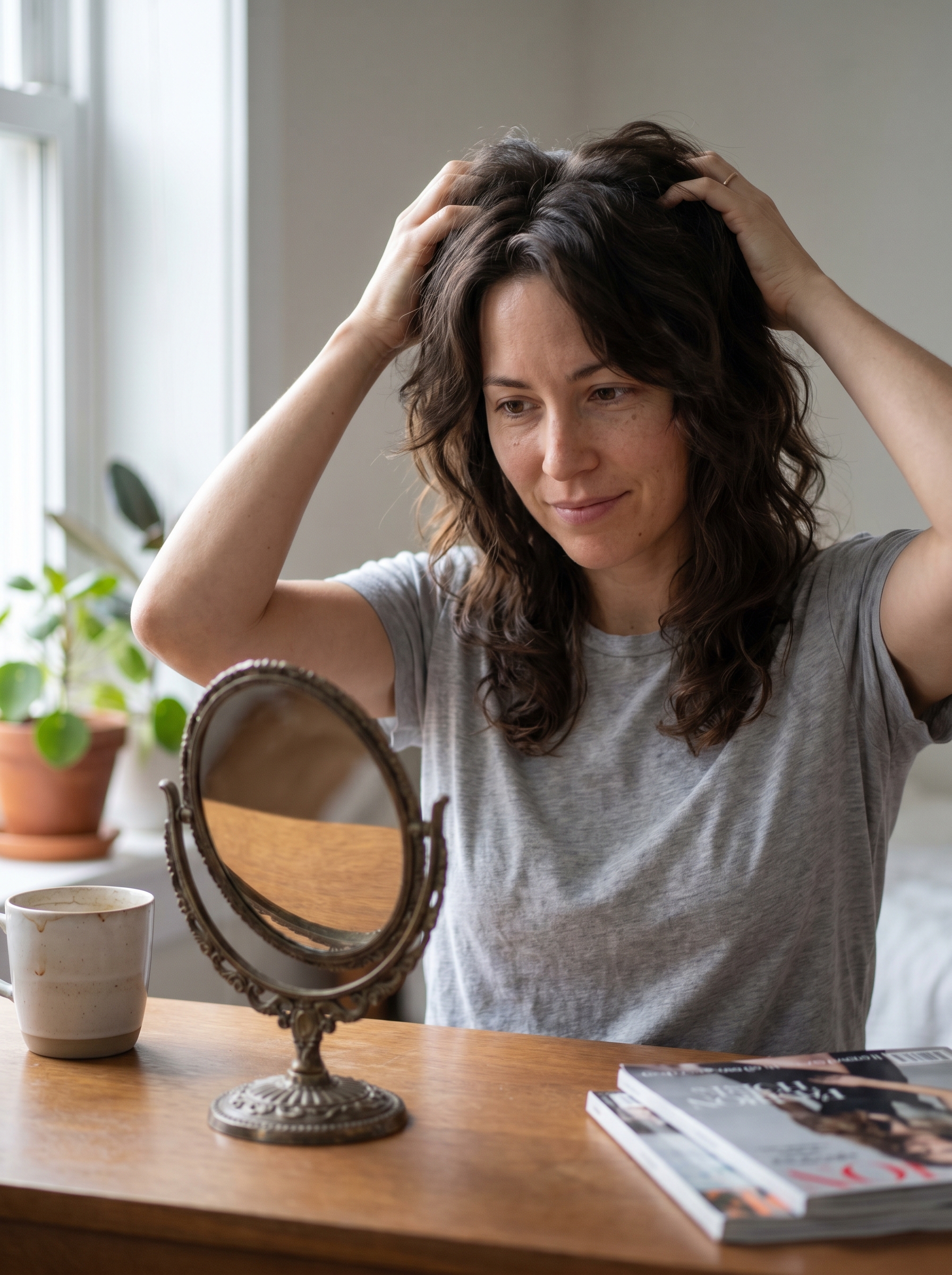 Textured Terracotta Brunette Tapered Wolf Cut, an effortless and edgy flattering summer haircut 2026 defined with texturizing paste and dry texture spray.