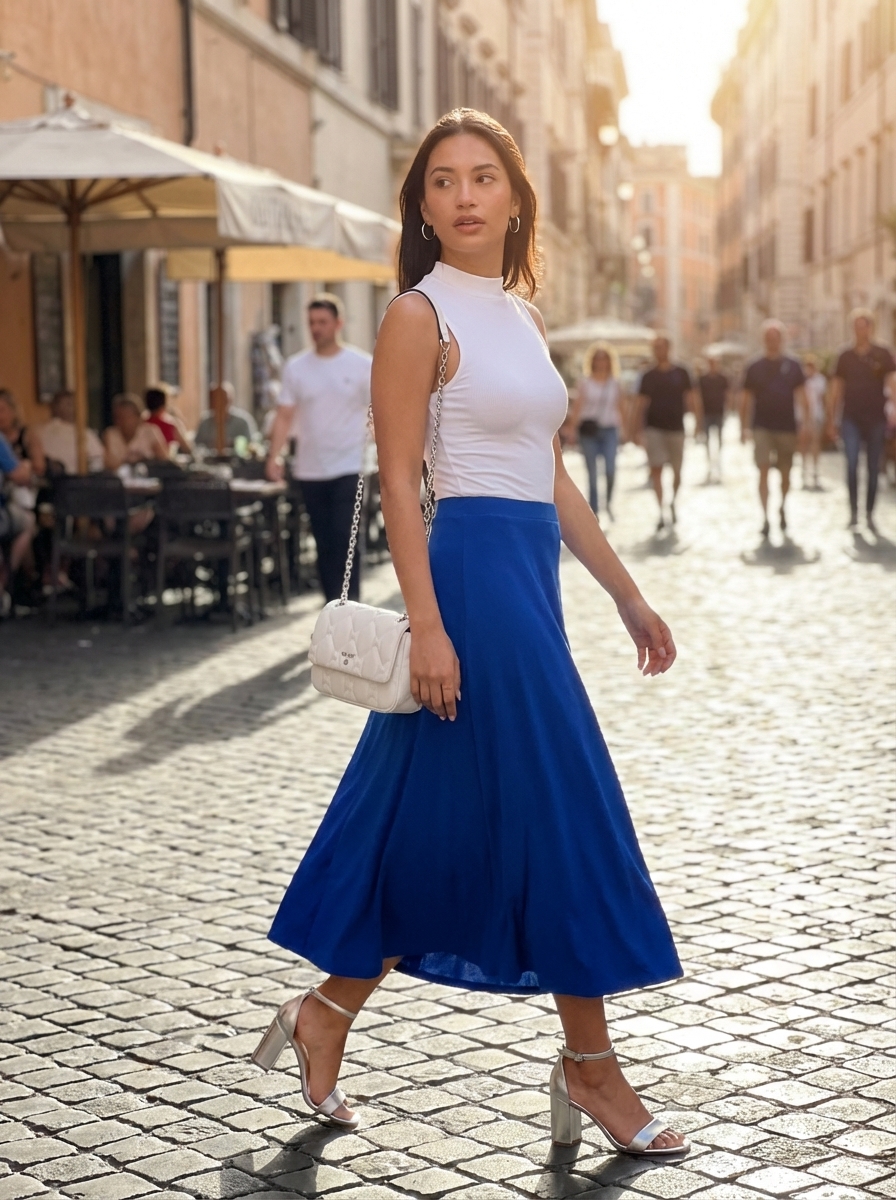 Chic Italian Summer Roman Holiday Outfit 2024 Vibrant cobalt blue A-line midi skirt with a white mock-neck top, silver sandals, and silver jewelry for Italian summer city glam.