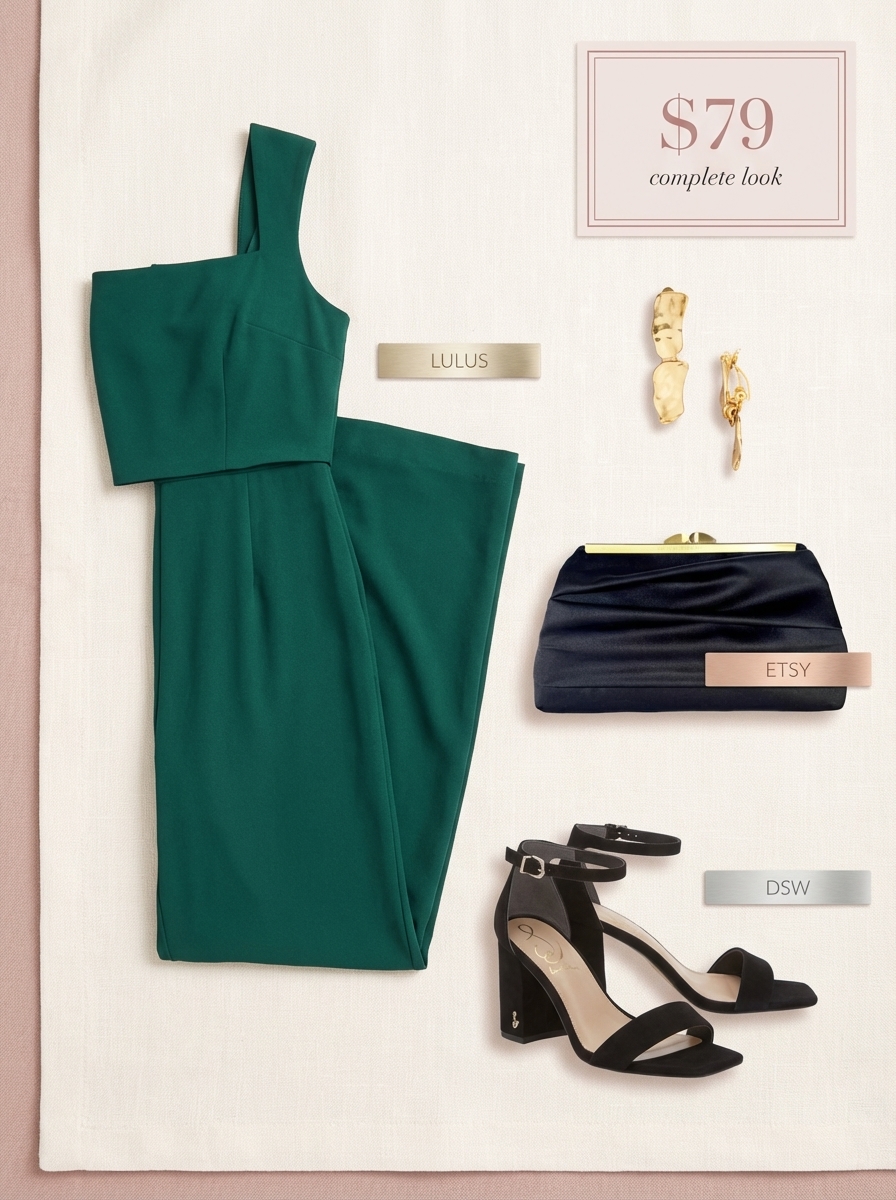 Sophisticated Italian Summer Rooftop Outfit 2024 Emerald green wide-leg V-neck jumpsuit with black suede heels, a small clutch, and gold drop earrings for an Italian summer evening.