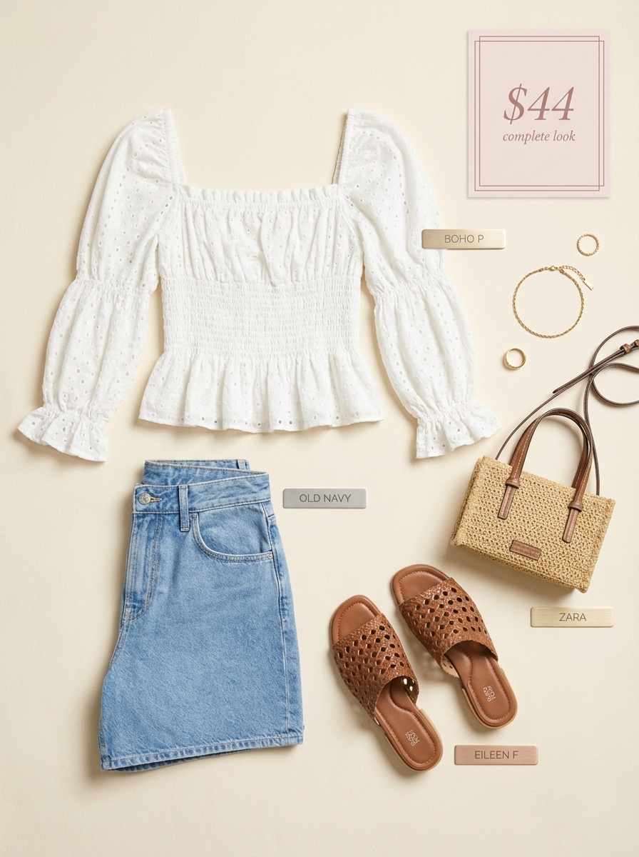 Casual Italian Summer Lakeside Outfit 2024 Relaxed Italian summer outfits for Lake Como: a woman wears light wash denim shorts, a white eyelet puff-sleeve top, woven leather slides, and a raffia bag.