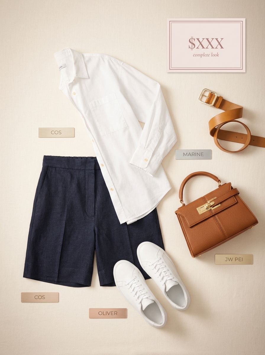 Polished Italian Summer Venetian Outfit 2024 Navy tailored shorts, a white button-down shirt, white sneakers, a tan crossbody bag, and a thin belt for Italian summer city sightseeing.