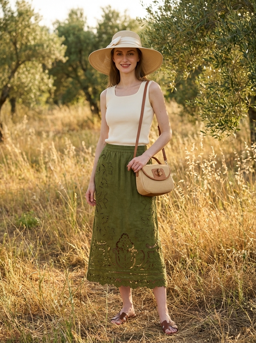 Charming Italian Summer Vineyard Outfit 2024 Olive green eyelet A-line midi skirt, an ivory knit top, brown slides, a straw bag, and a wide-brim hat for an Italian summer vineyard tour.