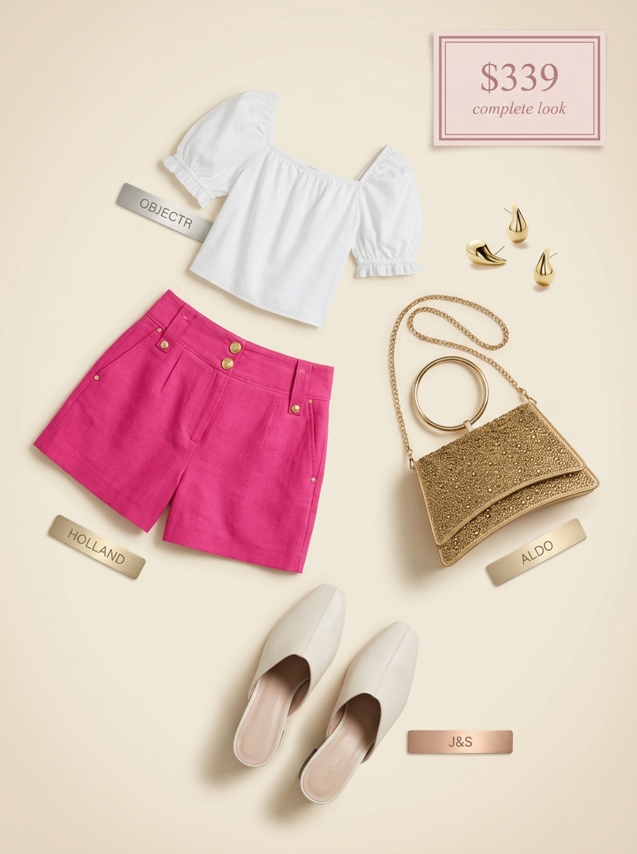 Glam Italian Summer Milan Fashion Outfit 2024 Hot pink tailored shorts, a white puff-sleeve blouse, white mules, and a gold mini bag for a bold Italian summer fashion stroll.