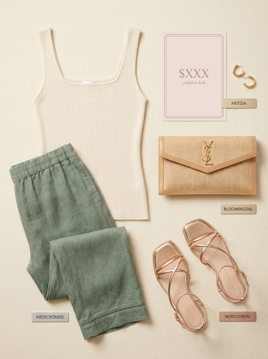Elegant Italian Summer Aperitivo Outfit 2024 Sage green wide-leg trousers, a cream knit top, gold sandals, and a raffia clutch for an Italian summer aperitivo.