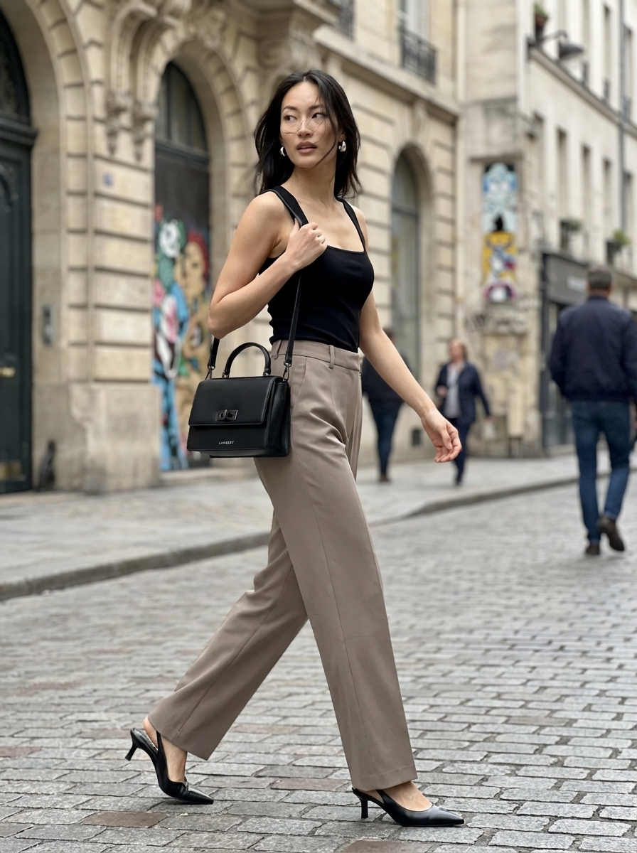 Sleek Italian Summer Milanese Outfit 2024 Taupe tailored trousers, a black square-neck tank, black slingback heels, and silver hoop earrings for a sleek Italian summer gallery opening.