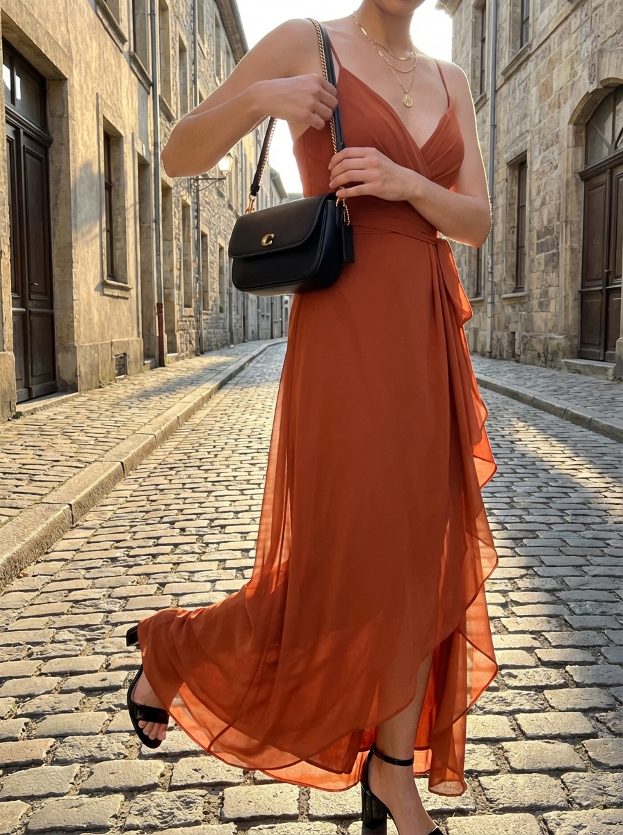 Romantic Italian Summer Sunset Dinner Outfit 2024 Terracotta V-neck midi dress with black block heels and a small shoulder bag, styled for an Italian summer sunset dinner.