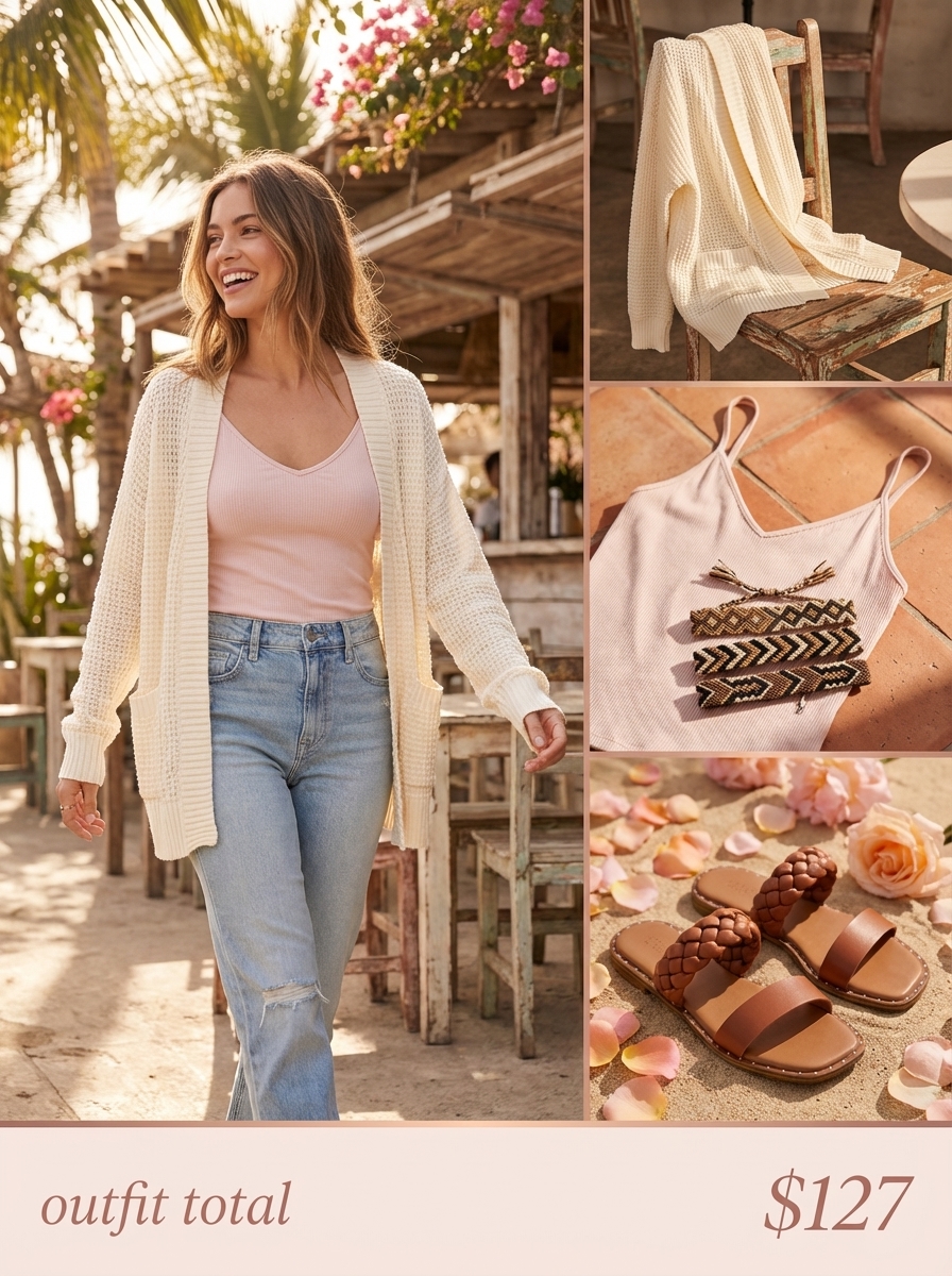 Cozy late summer outfit for a beach bonfire, with an oversized cream knit cardigan, dusty rose camisole, distressed straight-leg jeans, flat sandals, and friendship bracelets.