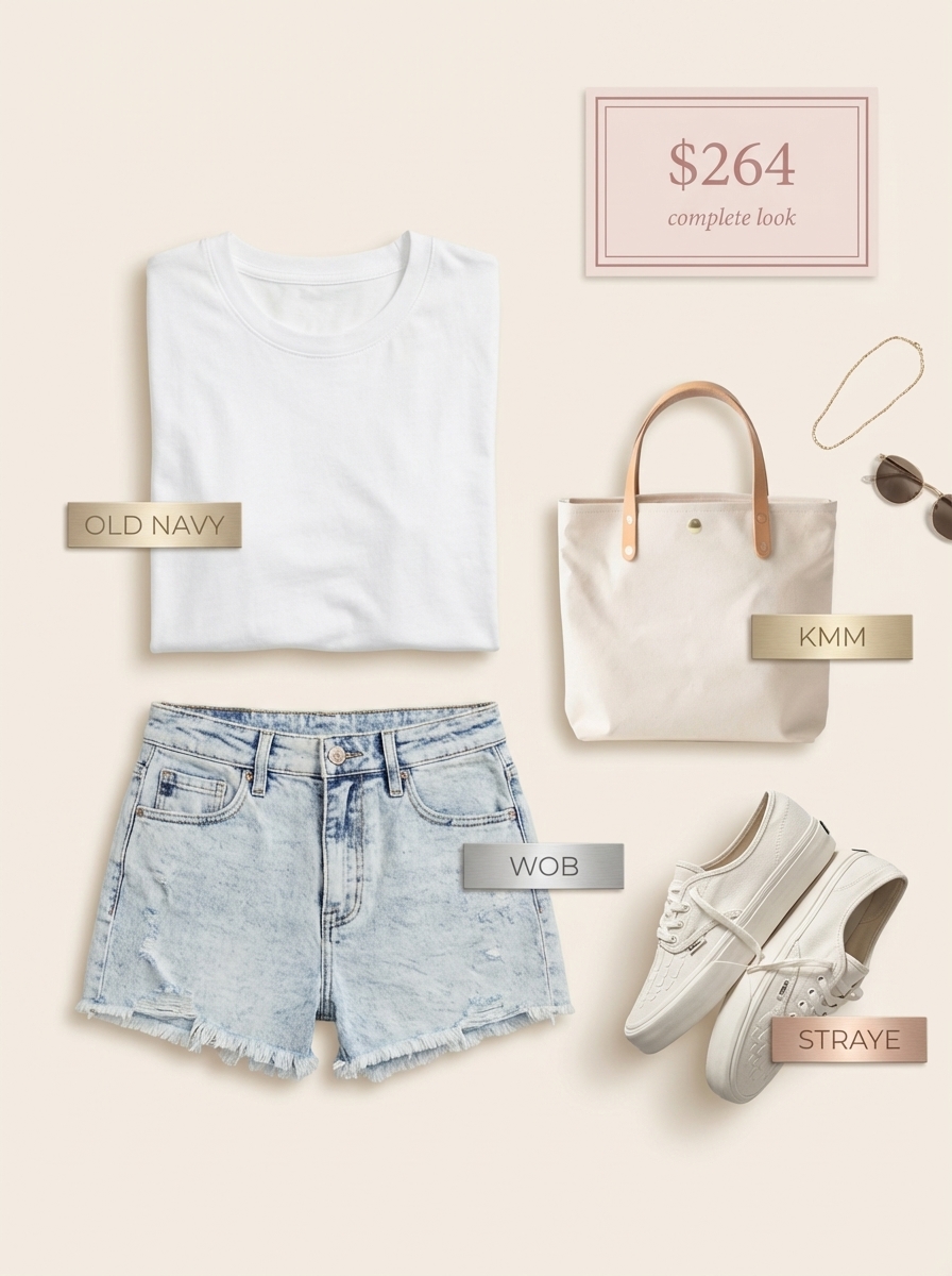 Relaxed casual coastal outfit with light wash denim shorts and a white t-shirt for late summer errands. Paired with canvas sneakers and a beige tote bag for comfort.