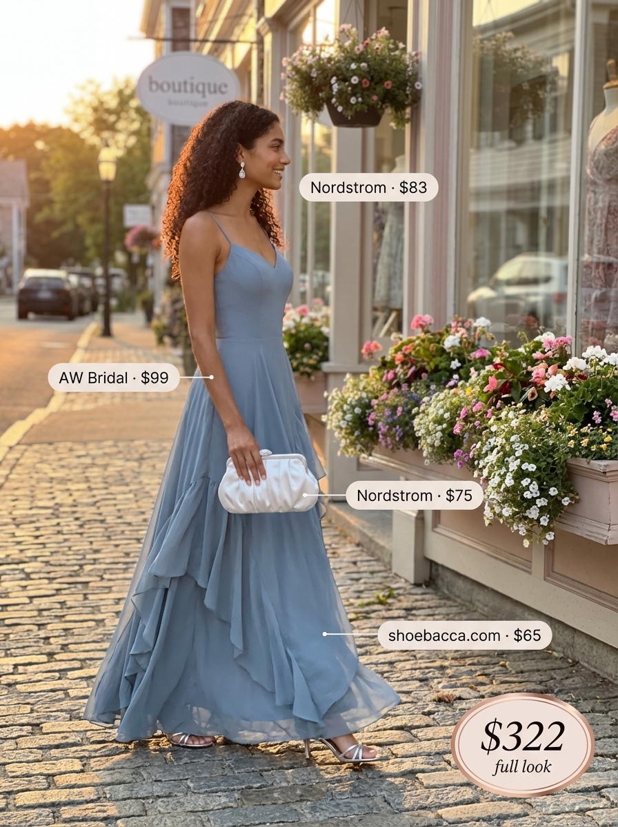 Elegant late summer outfit for an evening event featuring a dusty blue tiered maxi dress, silver strappy heels, clutch, and delicate drop earrings. Perfect for coastal dinners or summer wedding guests.