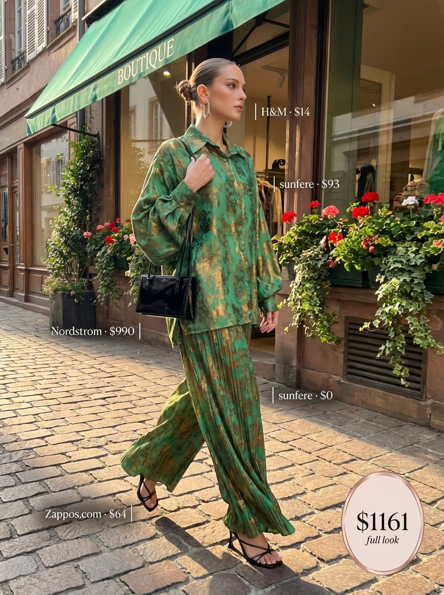 Bold late summer outfit for an art walk, featuring an emerald green abstract print satin matching set, black strappy heels, a mini shoulder bag, and silver geometric earrings.