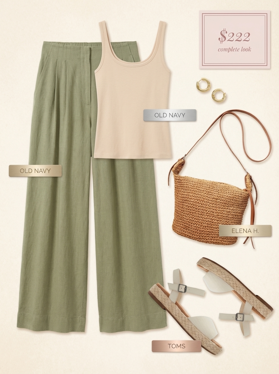 Relaxed late summer outfit for a garden party featuring sage green wide-leg linen pants, a cream ribbed tank, espadrille sandals, and a woven bag.