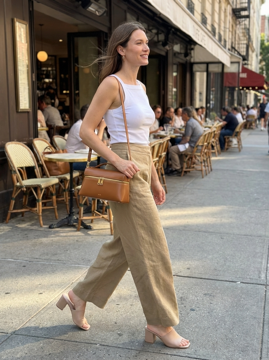 Polished late summer outfit for a city brunch or meeting, featuring khaki wide-leg trousers, a white ribbed tank, nude block heels, a camel mini bag, and gold hoop earrings.