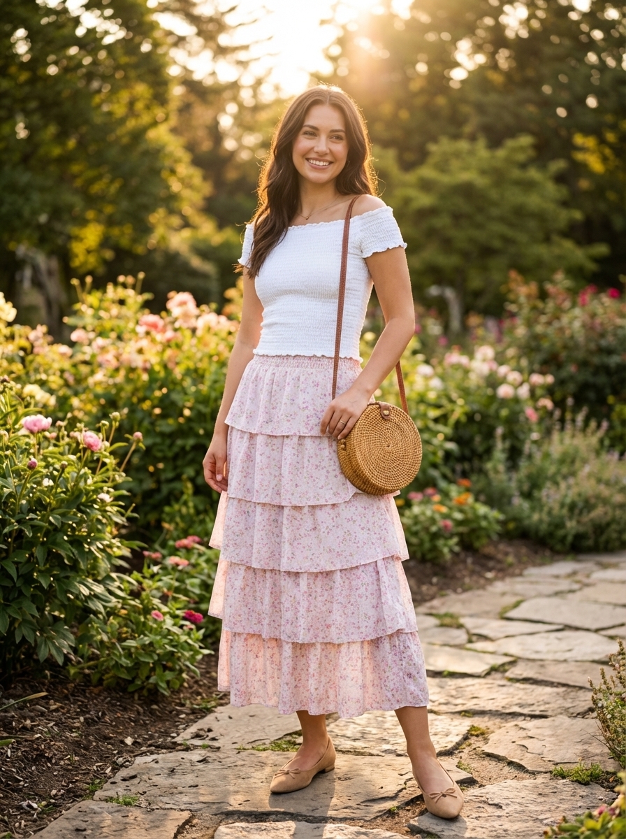 Sweet lavender tiered midi skirt and white smocked off-the-shoulder crop top for charming late summer outfits, with brown ballet flats and a woven basket bag.