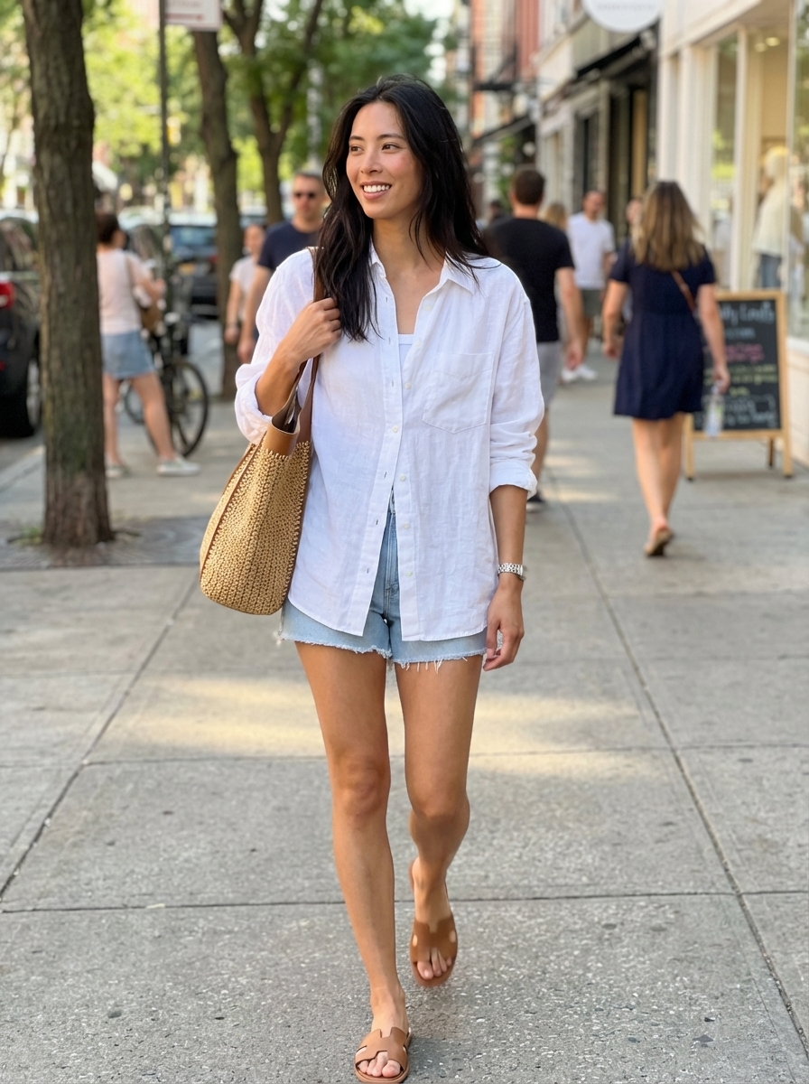 Relaxed late summer outfit for a market with light wash distressed denim shorts, a crisp white oversized linen shirt, leather slide sandals, and a straw tote.