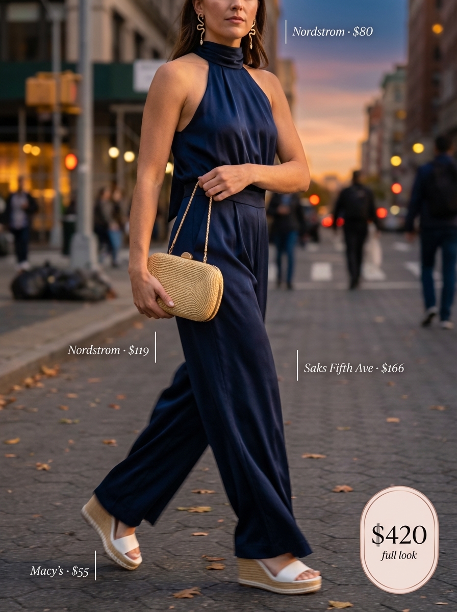 Elegant late summer outfit for a lakeside dinner, with a navy blue wide-leg jumpsuit, espadrille wedge sandals, a woven clutch, and gold statement earrings.