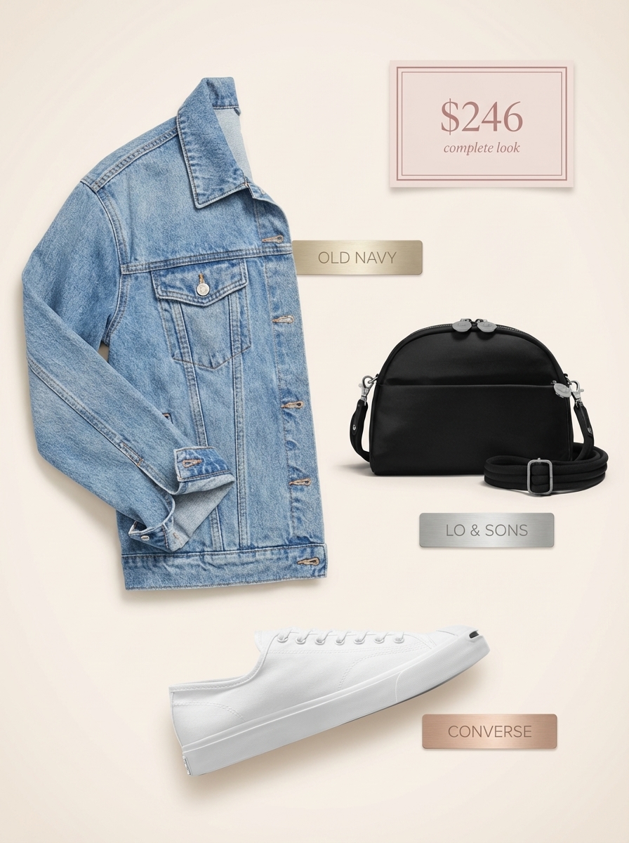 Comfortable and stylish navy button-front midi shirt dress accessorized with a light wash denim jacket and white canvas sneakers for late summer outfits and city exploration.