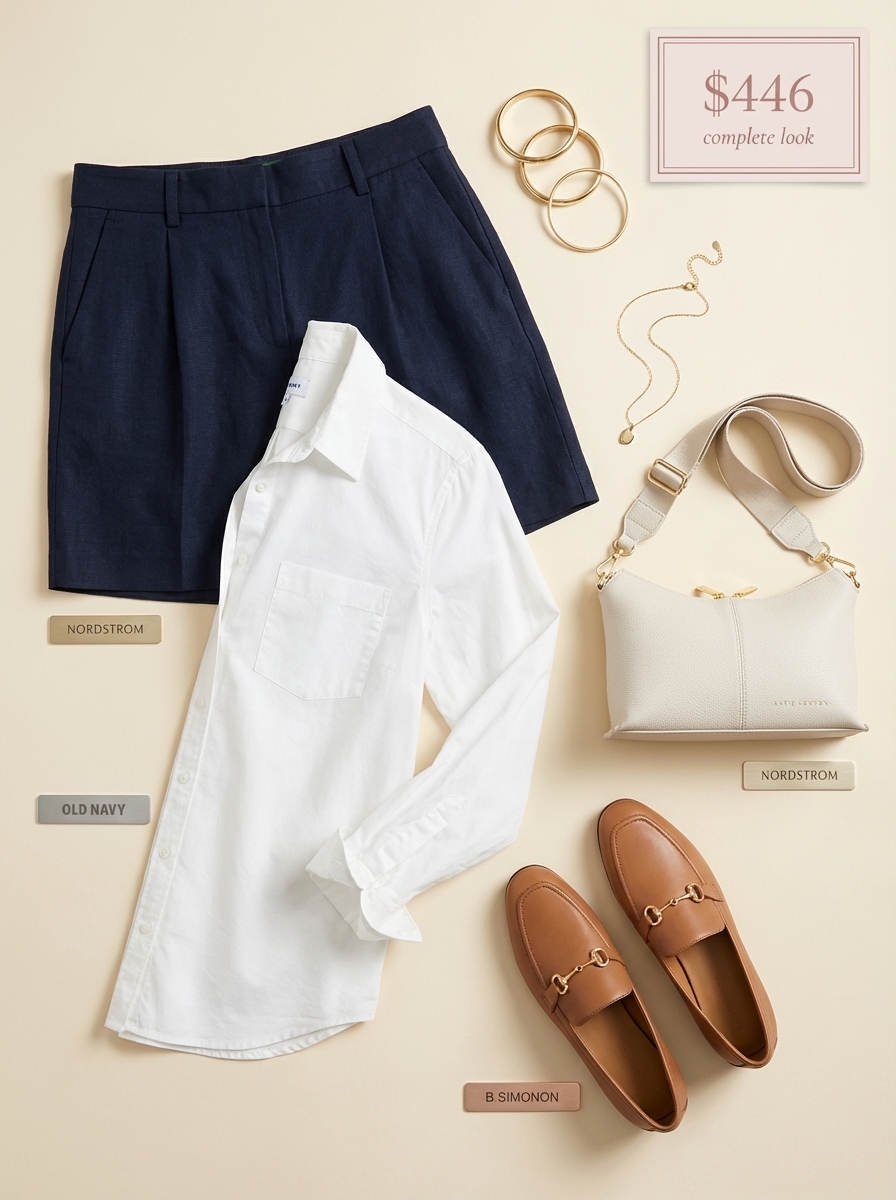 Polished navy linen tailored shorts with a crisp white button-down shirt for urban late summer outfits. Styled with tan leather loafers and an off-white crossbody bag.