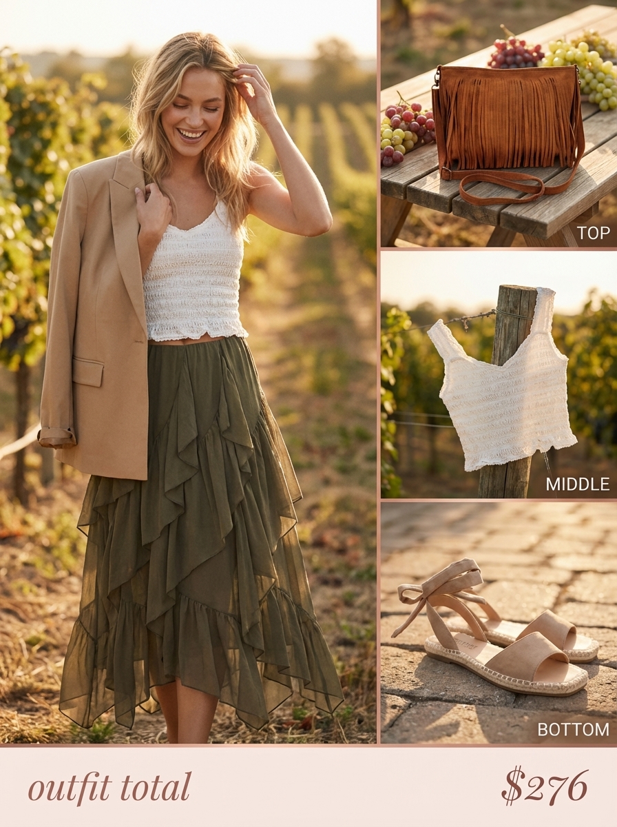 Whimsical late summer outfit for a vineyard tour featuring an olive green tiered midi skirt, cream tank top, tan espadrille sandals, a suede saddle bag, and a bronze pendant necklace.