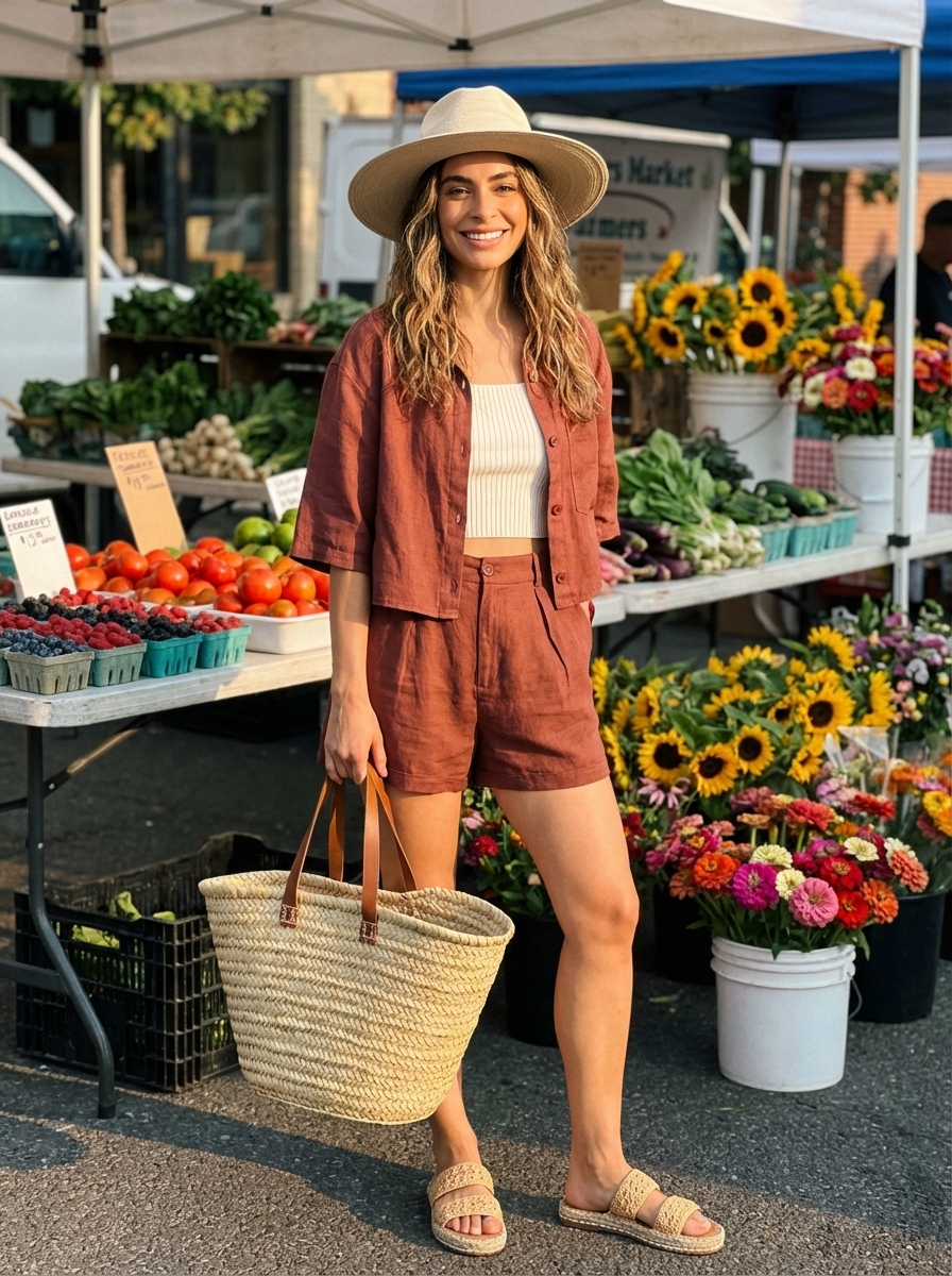 Chic late summer outfit for a farmers market with a terracotta linen blending matching set, cream crop tank, espadrille slides, and a wide-brim hat.