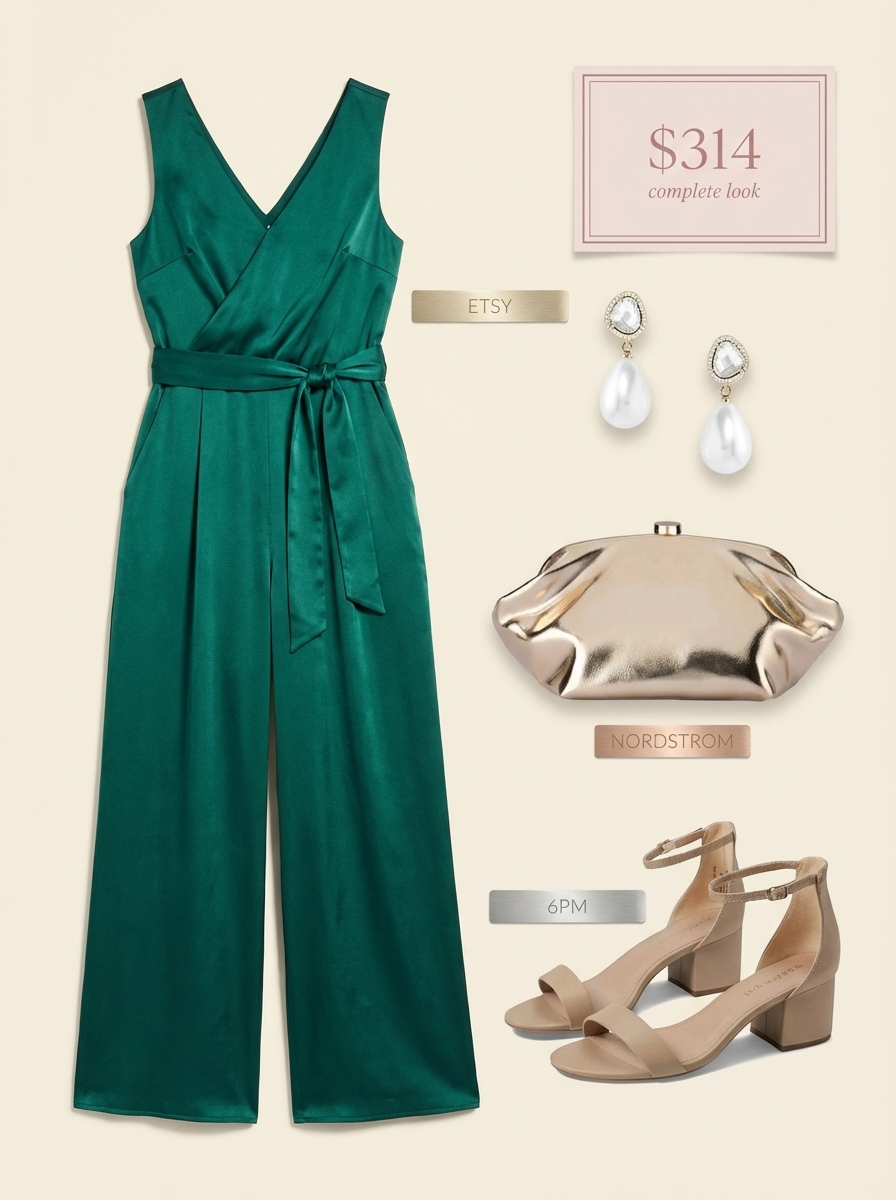 Elegant late summer outfits for a vacation dinner, showcasing an emerald green satin wide-leg jumpsuit, nude block heels, and gold statement earrings.