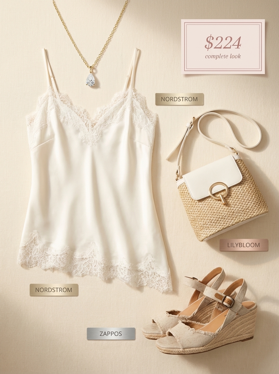 Romantic late summer outfits for a garden party with a lace-trimmed silk camisole, floral pink mini skirt, espadrille wedges, and straw bag.