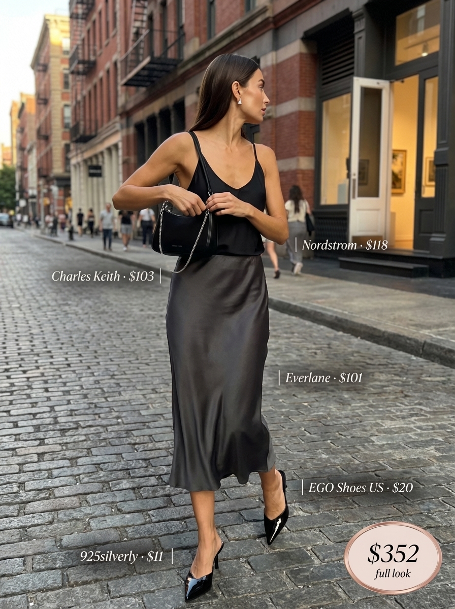 Chic sophisticated late summer outfit featuring a charcoal grey satin midi slip skirt, black silk camisole, and patent leather mules, perfect for an art gallery opening.