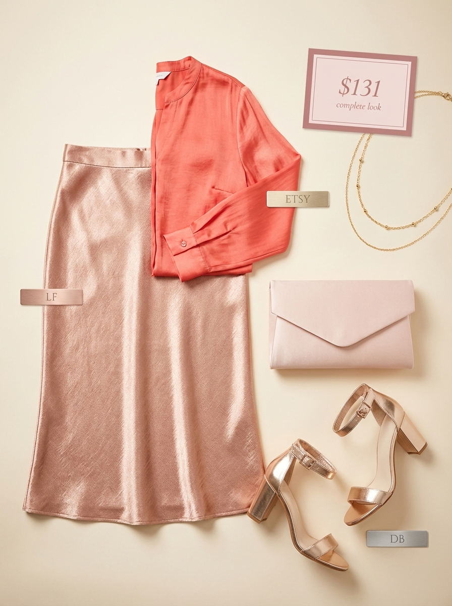 Romantic late summer outfit for a garden party, featuring a deep teal floral print maxi dress, metallic gold block heels, a blush pink clutch, and layered gold necklaces.