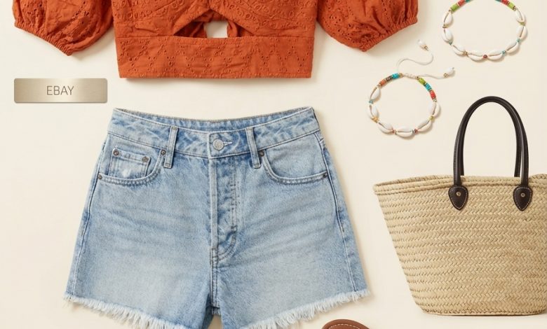 Relaxed late summer outfit for a farmers market, with a terracotta embroidered crop top, light wash denim shorts, slide sandals, a market bag, and a beaded anklet.