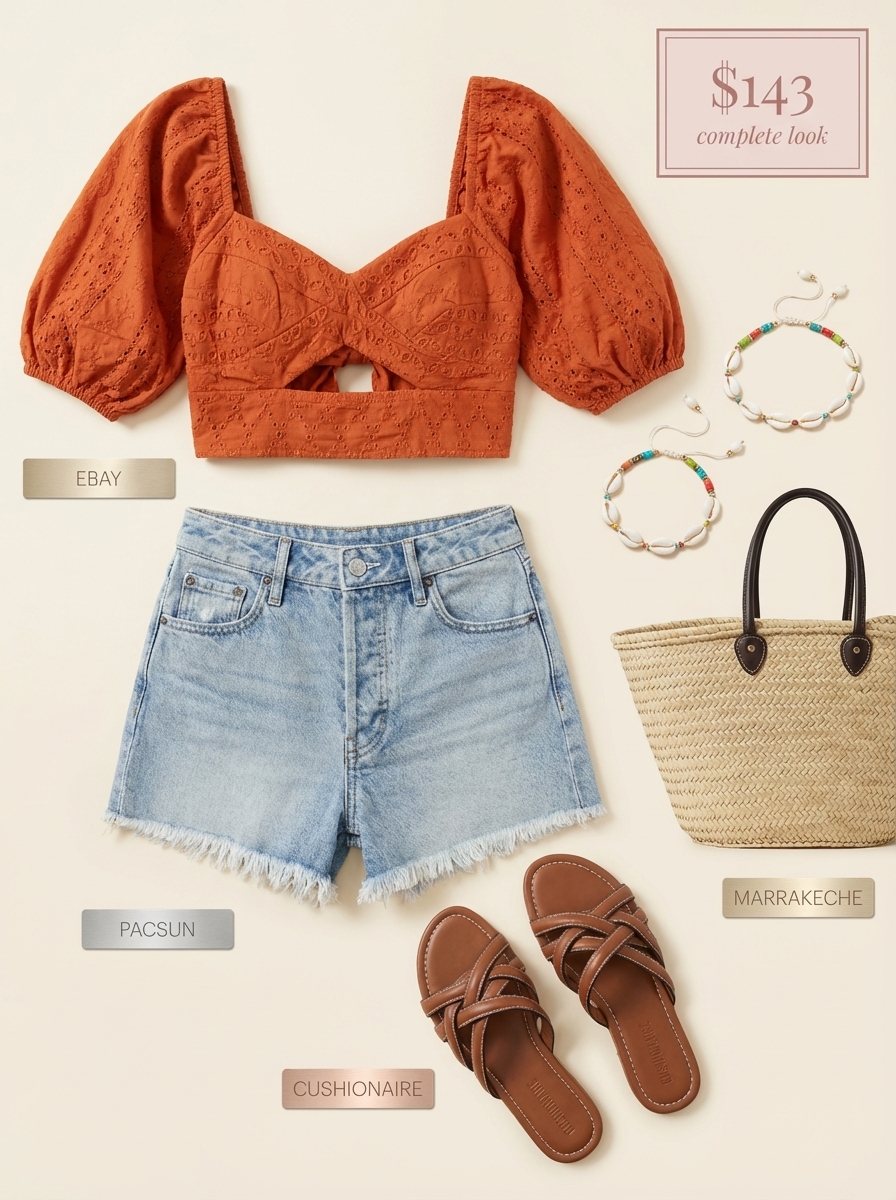 Relaxed late summer outfit for a farmers market, with a terracotta embroidered crop top, light wash denim shorts, slide sandals, a market bag, and a beaded anklet.